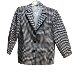 Oscar De La Renta Silk Blazer Women 12P Buffalo Plaid Black Old Money 3/4 Sleeve